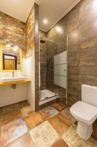 a bathroom with a shower and a toilet and a sink at Secret Apartments in Kyiv