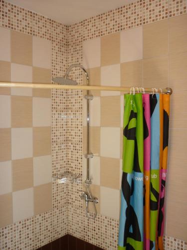 a shower with a shower curtain in a bathroom at Marigolds in Sigulda