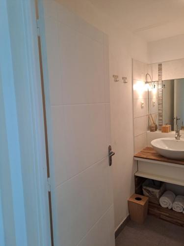 a bathroom with a shower door and a sink at RDC appartement en bord de mer au son des vagues in Le Moule