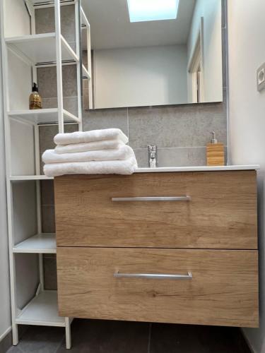 a bathroom with a sink and a mirror at Villa Gaïa - 2 suites lits King size et salles de bain privatives - parking privé - 10 minutes Eurexpo - Aéroport - Groupama Stadium in Genas