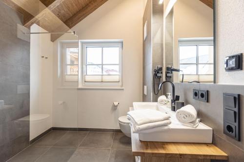 La salle de bains est pourvue d'un lavabo, de toilettes et de fenêtres. dans l'établissement AlpiNest Feriendorf Lungau, à Mariapfarr