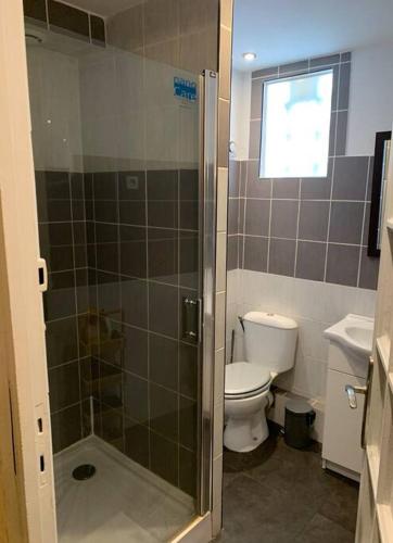 une salle de bain avec douche et toilettes et une fenêtre dans l'établissement Paule - Studio climatisé au 3eme place pie 2pers, à Avignon