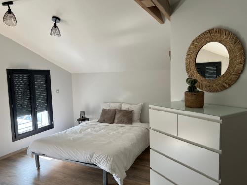 a bedroom with a bed with a mirror and a dresser at Villa Gaïa - logement entier - 2 suites parentales avec salles de bain privatives - parking privé - 10 minutes Eurexpo - Aéroport - Groupama Stadium in Genas