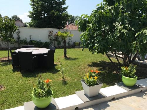 um jardim com uma mesa e algumas flores em vasos em Studio Détente à 10mn de la Gare et Aéroport St Exupéry em Colombier-Saugnieu