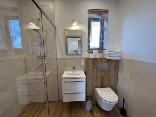 a bathroom with a shower and a toilet and a sink at Apartament z ogrodem in Sarbinowo
