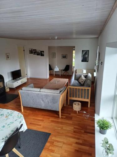 - un salon avec un canapé et une table dans l'établissement Bjergby Sønderbo feriehus, à Bjergby