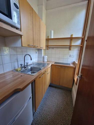 a small kitchen with a sink and a microwave at Bright well located studio flat in London