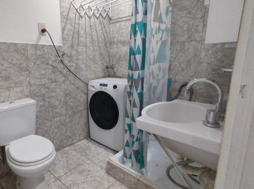La salle de bains est pourvue de toilettes et d'un lavabo. dans l'établissement Departamento Yekamush 2 Ushuaia, à Ushuaia