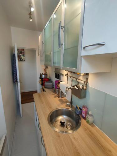 une cuisine avec un évier et un plan de travail dans l'établissement Bel appartement Paris Ouest sur cour proche métro, à Boulogne-Billancourt