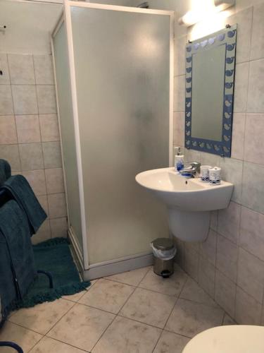 une salle de bain avec un lavabo, des toilettes et un miroir dans l'établissement Chez Aurele, à Santa-Maria-di-Lota