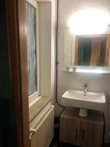 a bathroom with a sink and a mirror at Eine 2 Zimmer Ferienwohnung Münster City in Münster
