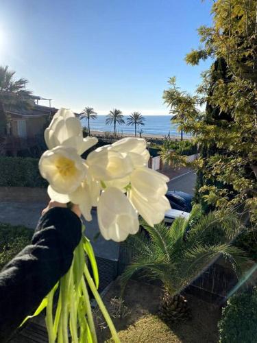 a person holding a bouquet of white flowers at La Digue Beach House in San Vicente de Calders