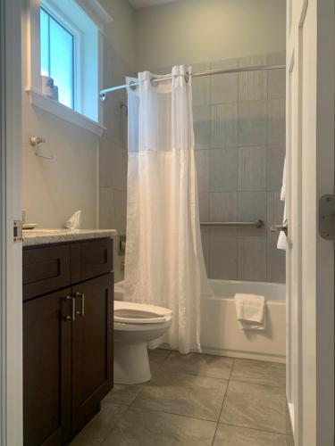 a bathroom with a toilet and a sink and a shower at Sunny Side Cottages in Dunedin