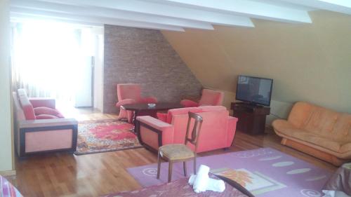 a living room with pink chairs and a tv at Dzveli Batumi in Batumi