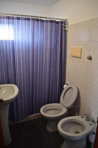 a bathroom with a purple shower curtain and a toilet at Brisas del Diablo 2 in Punta Del Diablo