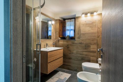 a bathroom with a toilet and a sink and a shower at Residence Covalou in Antey-Saint-André