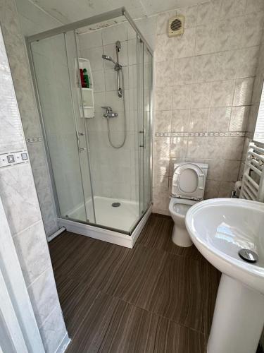 a bathroom with a shower and a toilet and a sink at 1 en-suite with private entrance & free parking in Oxford