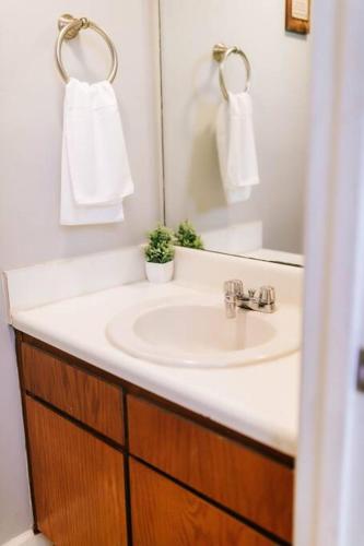 a bathroom with a white sink and a mirror at Cozy 3-Bed Athens Getaway, Right Near UGA! in Athens