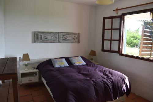 a bedroom with a bed and a desk and a window at Brisas del Diablo 3 in Punta Del Diablo