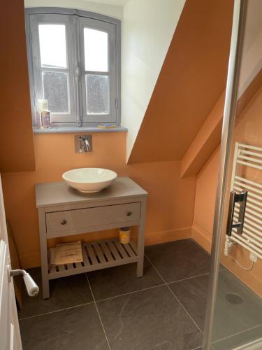 een badkamer met een wastafel en een raam bij maison de charme à 1h 30 de Paris in Saint-Éman