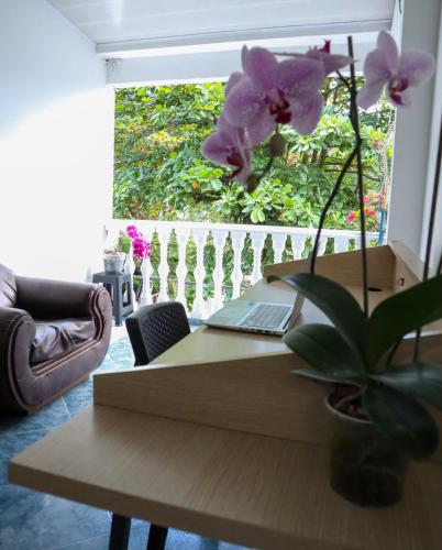 a wooden table with a laptop on top of it at Hotel Los Almendros in Santa María