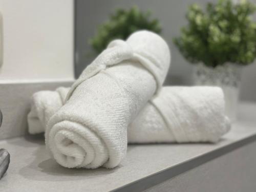 a roll of white towels sitting on a bathroom counter at Apartment Wesseling in Wesseling