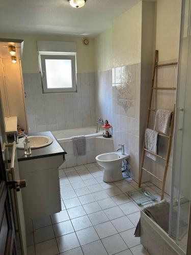 une salle de bain avec une baignoire, des toilettes et un lavabo dans l'établissement Le petit coin des oliviers, à Colmar