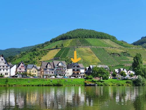 a hill with a vineyard on it next to a village at Römerstube Apartments & rooms in Ediger-Eller