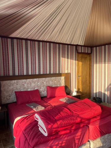 a bedroom with a red bed with a canopy at Wadi Rum Mars Camp in Wadi Rum