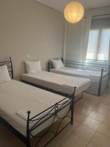 two beds in a room with a window and a lamp at ILION Air Host - near Athens International Airport in Markopoulo