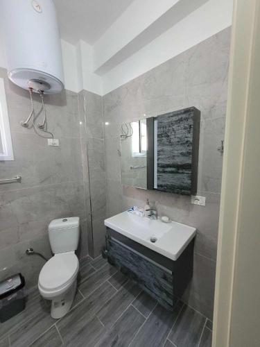 a bathroom with a white toilet and a sink at Family Oasis in Vlorë