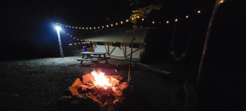 a campfire with a picnic table and a tent at night at Charming enclave Luxury tent in the woods Tent 3 Bambi's playground in Lenoir