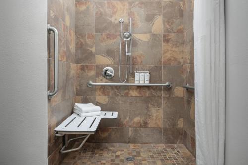a shower with a bench in a bathroom at Holiday Inn Express & Suites Superior, an IHG Hotel in Superior