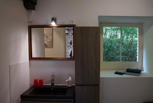 uma casa de banho com um lavatório, um espelho e uma janela em Moulin de chez Joyeux em Thiat