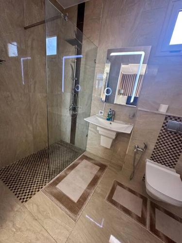 a bathroom with a shower and a toilet and a sink at Luxury Rooftop WiFi, AC, BBQ in Rejiche