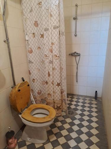 een badkamer met een houten toilet in een douche bij Kilplaste küla kämpingud 