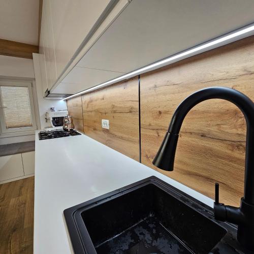 a kitchen with a sink and a counter top at Apartament Zorilor in Moineşti