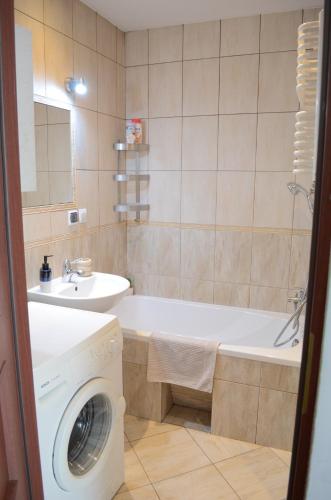 a bathroom with a washing machine and a sink at Kawalerka Ikara in Wrocław