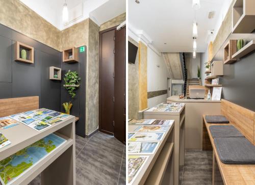 two views of a restaurant with counters with books at Boutique Suites Joyce in Pula