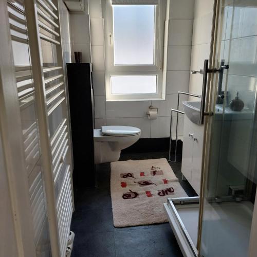 a bathroom with a toilet and a sink and a window at Ferienwohnung Stella Herford in Herford