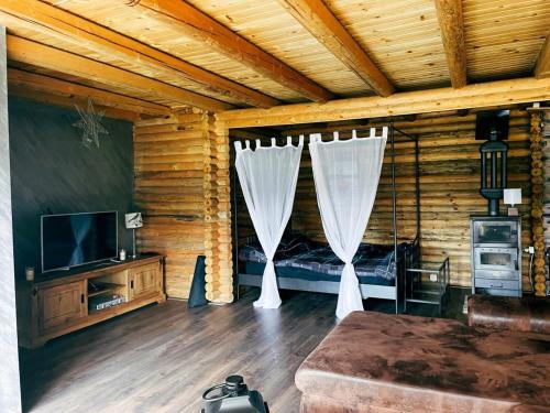Habitación con cama y TV en una cabaña de madera. en Tara Land Lake en Zaovine