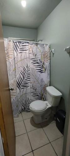 a bathroom with a toilet and a tropical wallpaper at Depa M&J Cd. Juarez in Ciudad Juárez