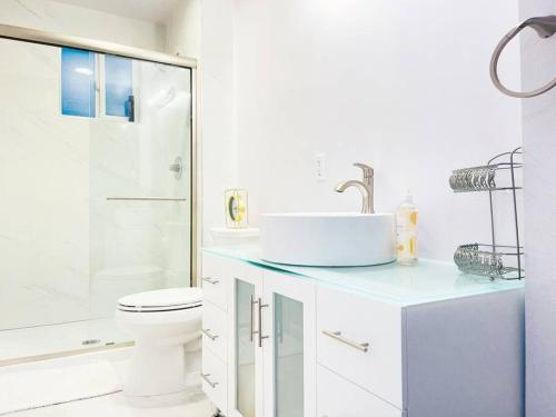 a bathroom with a sink and a toilet and a shower at NEW 3BR/2BA house SJ Silicon W/D parking in San Jose