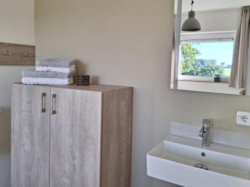 ein Bad mit einem Waschbecken und einem Spiegel in der Unterkunft Domein Hellebeuk met UITZICHT! Valkenburg/Klimmen in Klimmen