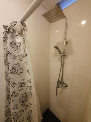 a shower in a bathroom with a shower curtain at Playa Grande Studio Golf y Playa in Mar del Plata