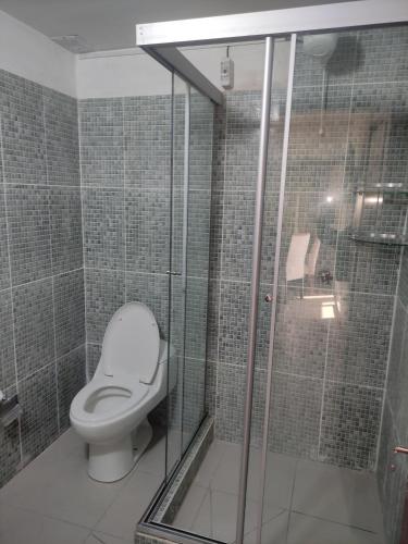 a bathroom with a toilet and a shower at Hotel Tuunteytas in Villamontes