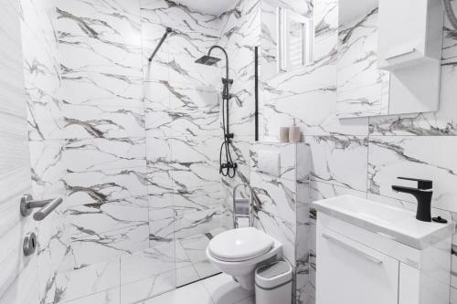 a bathroom with a white toilet and a marble wall at Apartments Florian in Lopud Island