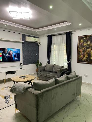 a living room with a couch and a tv at SANDS HOMES IKOYI in Lagos