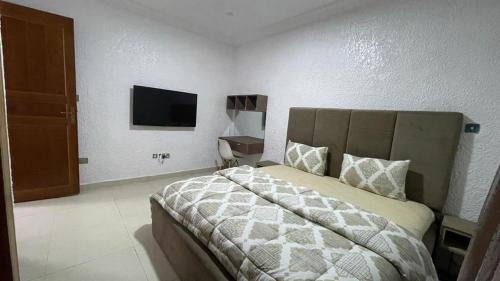 a bedroom with a bed and a tv on the wall at SANDS HOMES IKOYI in Lagos