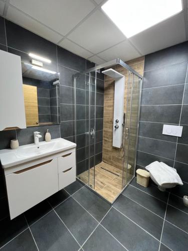 a bathroom with a shower and a sink at Apartment33 in Strumica